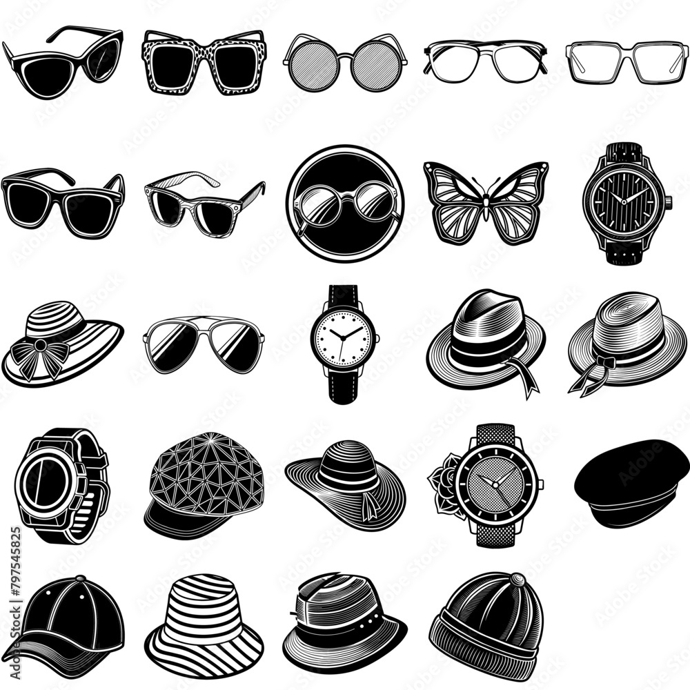 Poster a variety of different types of hats and sunglasses are displayed in this collection, showcasing a r