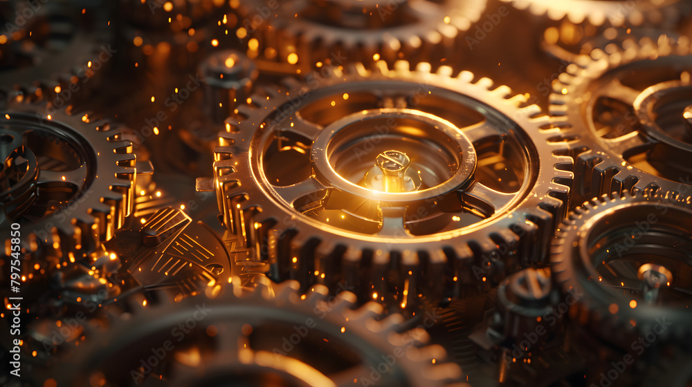 Poster abstract background with a bronze gear mechanism symbolizing mechanical engineering and a mechanical