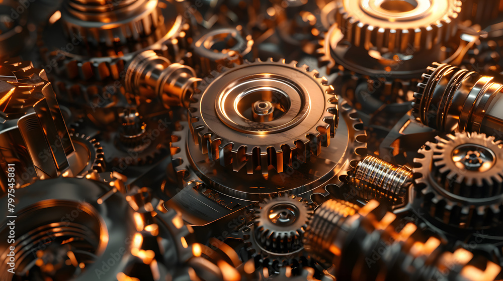 Poster abstract background with a bronze gear mechanism symbolizing mechanical engineering and a mechanical