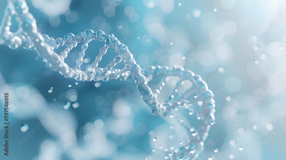 Poster abstract background with double helix of dna and cell structure on light blue color background. 3d r