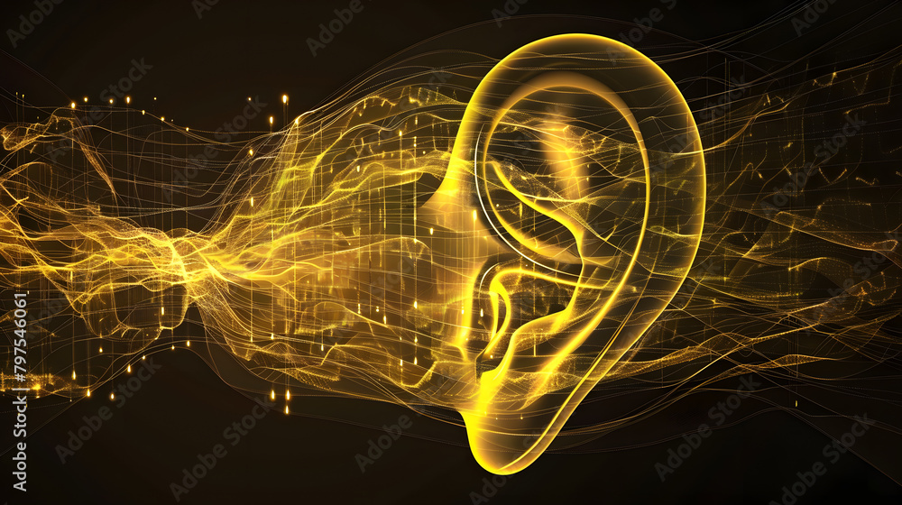 Poster abstract background with a yellow wave pattern representing sound waves and an acoustic engineer. ab