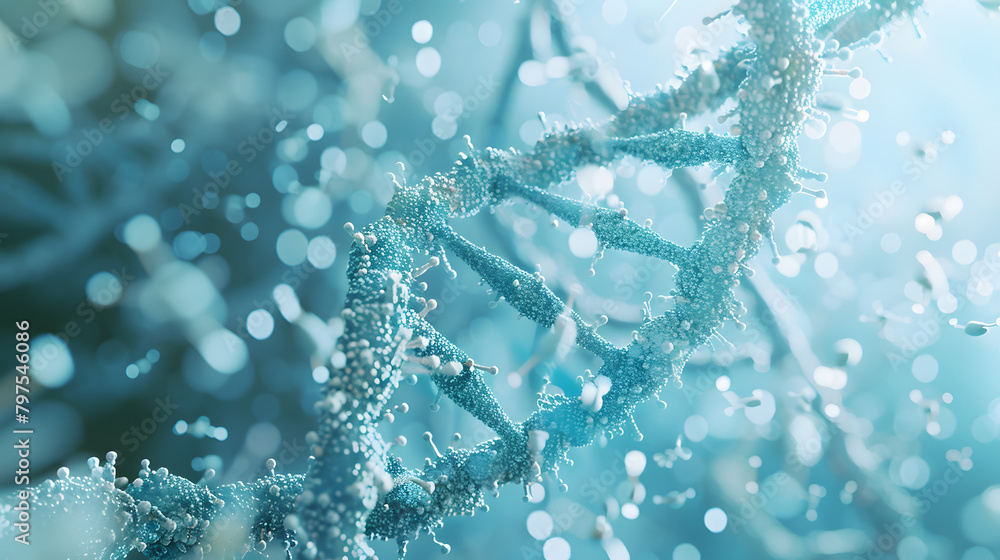 Aufkleber abstract background with double helix of dna and cell structure on light blue color background. 3d r