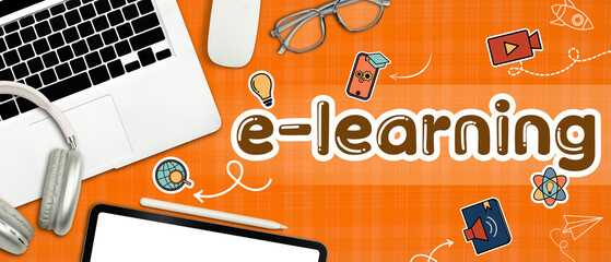Laptop, digital tablet, headphone and stationery on orange background with e-learning word.Online education concept - 797546075