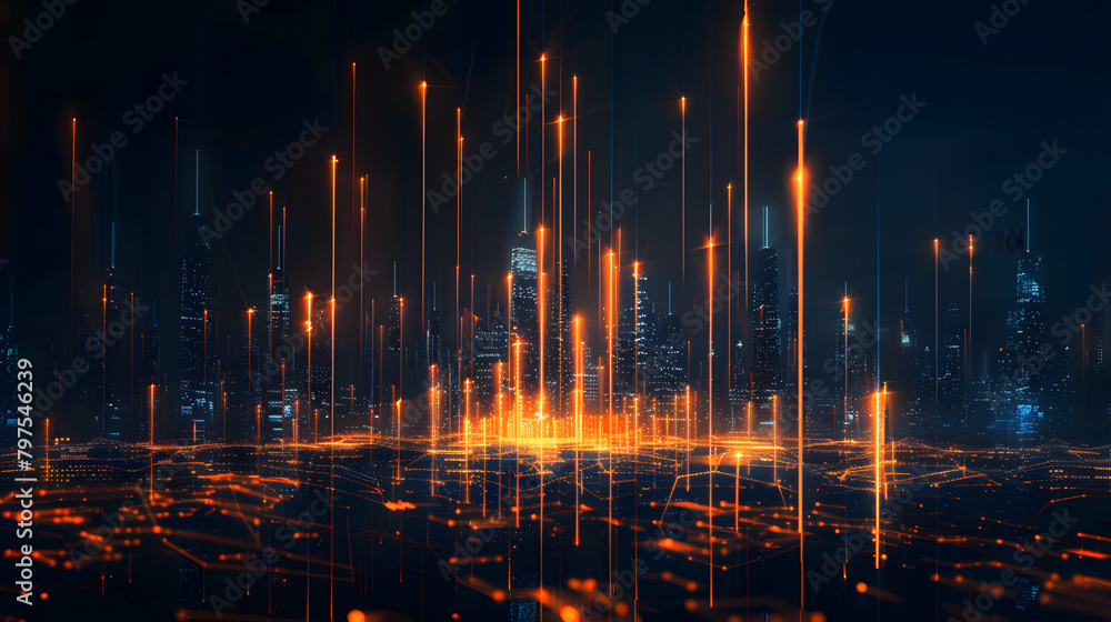 Poster abstract background with orange and blue glowing lines forming the shape of an urban skyline. data f