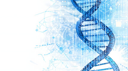 Abstract digital background with a double helix of DNA and binary code on a blue color. concept for technology or medical research in the style of marker