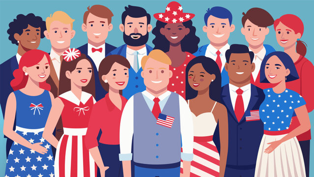 The entire wedding party coming together for a group photo all wearing matching American flagthemed accessories.. Vector illustration