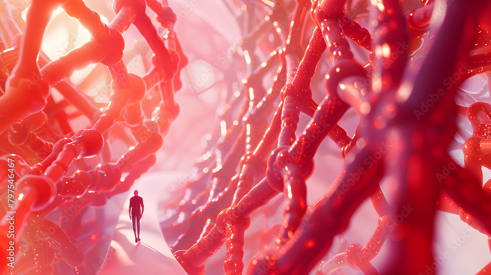 Poster abstract environment with a red lattice formation representing protein structure and a biochemist. a