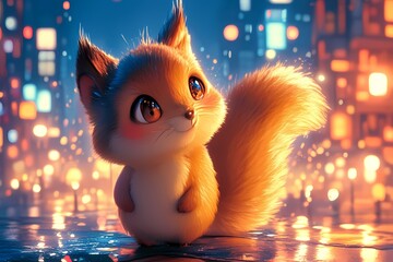 Naklejka premium cartoon tiger squirrel on a background of colorful city lights