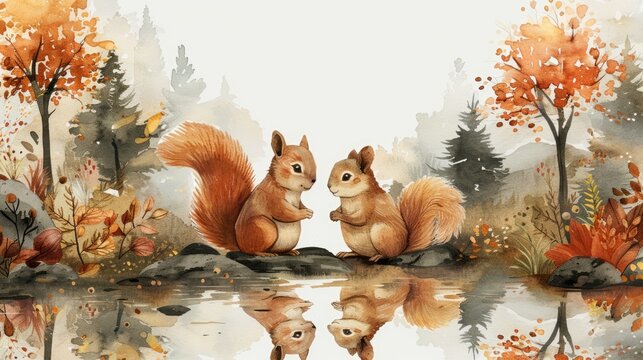 A watercolor illustration of squirrels in a forest, watercolor painting, soft pastel colors, cute and playful style, AI Generative