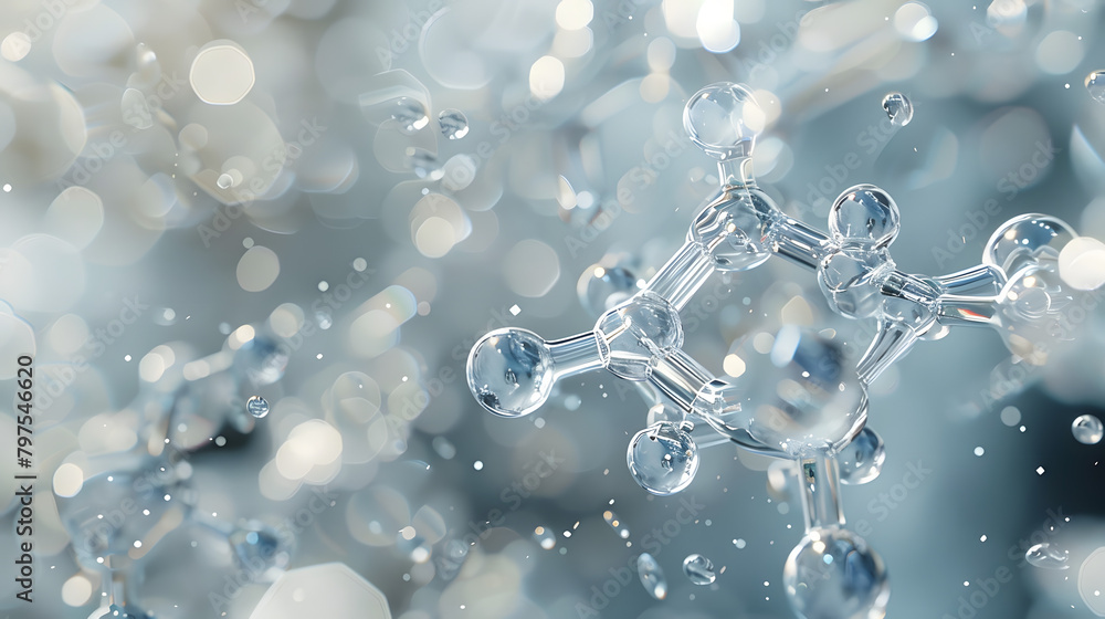 Poster abstract environment with a silver atomic structure representing chemical compounds and a chemist. a