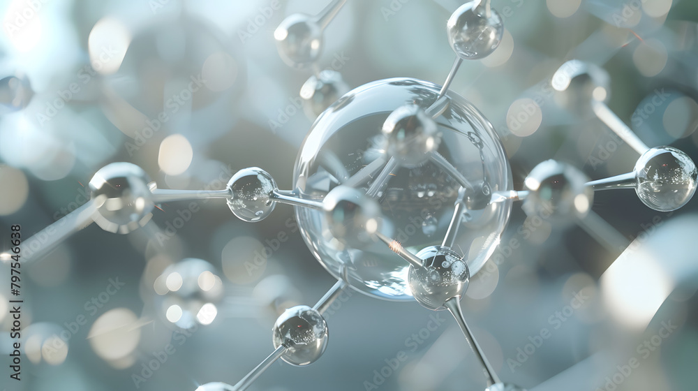 Poster abstract environment with a silver atomic structure representing chemical compounds and a chemist. a