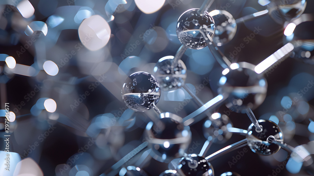 Poster abstract environment with a silver atomic structure representing chemical compounds and a chemist. a