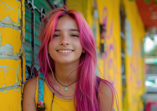 Chica adolescente latina, con pelo te&ntilde;ido en tonos rosados, apoyada a una puerta met&aacute;lica verde de una escuela de paredes amarillas, close-up, sonriente, ambiente de verano, fin de curso