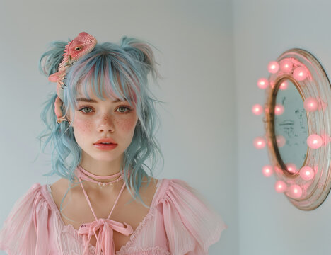 Chica con cabello te&ntilde;ido de azul y reflejos rosas, escena de fantas&iacute;a, sesi&oacute;n fotogr&aacute;fica, modelo con iguana en la cabeza, extravagante adorno &uacute;nico, singularidad, personalidad espejo con luces