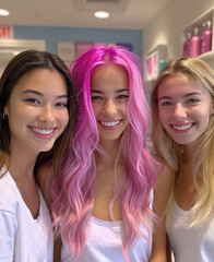 Tres amigas en un salón de belleza, una se ha pintado el pelo de fucsia en degradé, se hacen una foto juntas para recordar el momento, atrevimiento audacia, complicidad