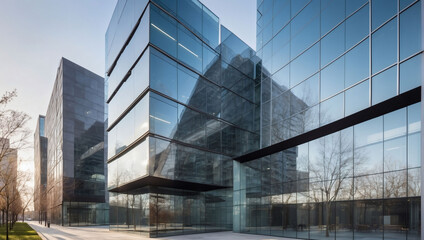 Detailed examination of the reflective surfaces and transparent features of modern office architecture.