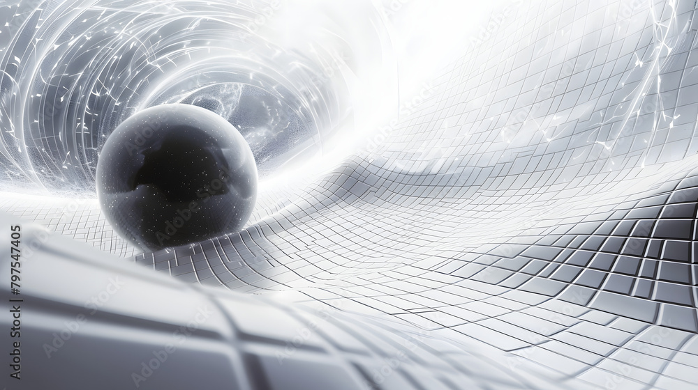 Poster abstract setting with a white grid structure illustrating spacetime curvature and a theoretical phys
