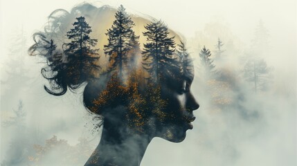The forest is shown in the shadow of a woman. The surrounding scene is white with trees and smoke.Generative AI illustration.