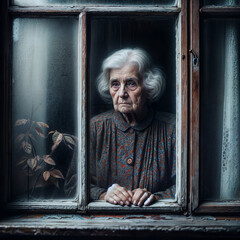 An elderly woman stares lonely out the window.