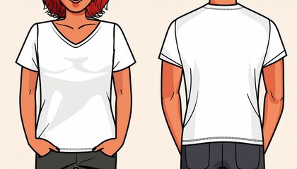 T-shirt mockup. White blank t-shirt front and back views. Female and male clothes wearing clear attractive apparel tshirt models template.