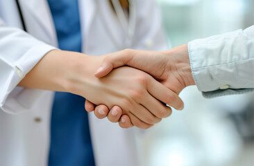 Close up of doctor holding patient's hand in clinic.