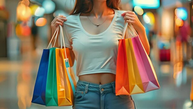 Close-up hand Woman in white t-shirt holding colorful shopping bags in shopping center.