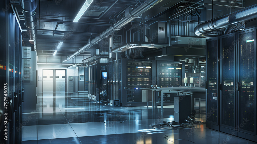 Poster a high-tech data center filled with rows of servers, cooling systems, and advanced security measures