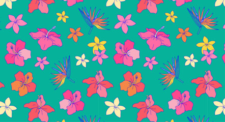 Colourful flowers pattern on peal background. Exotic plants backdrop. Design for textile, wallpaper, summer fashion. Botanical and jungle concept.