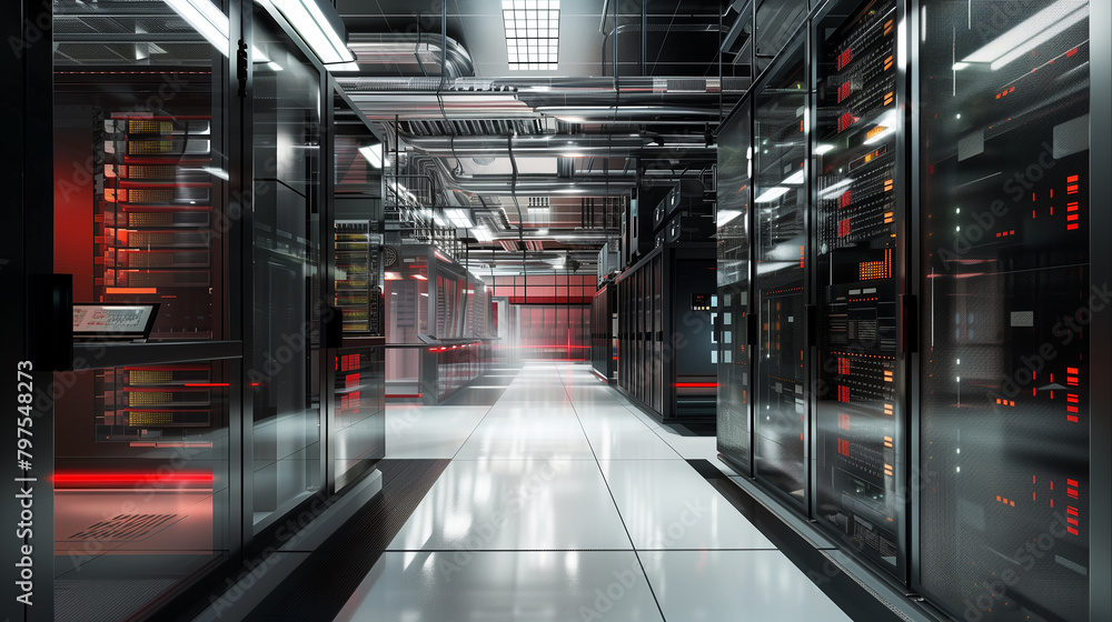 Poster a high-tech data center filled with rows of servers, cooling systems, and advanced security measures