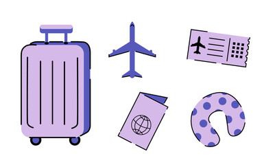 Travel and tourism icon set with purple luggage, airplane, boarding pass, and neck pillow on a white background. Travel essentials concept for design and print.