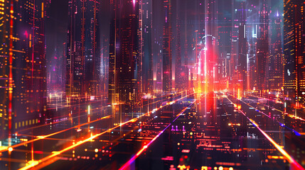 A cityscape with a red light in the middle. The city is lit up with neon lights and the sky is dark