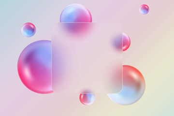 3D creative glass morphism background. Transparent square glass banner with colorful geometric spheres.