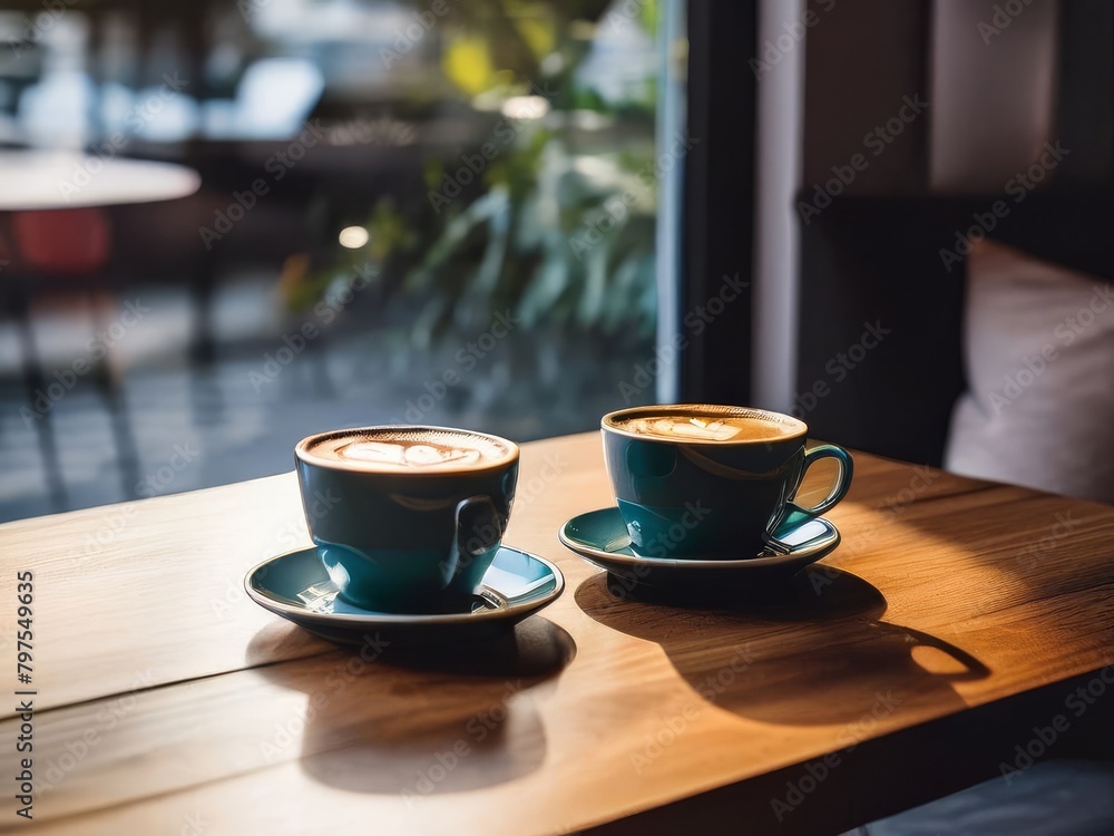 Wall mural Two blue mugs of coffee stand on a wooden table. It’s morning or lunch outside, white sunlight from the window. Cafe or restaurant, background blurred. Copy space.