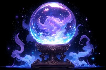 A crystal ball with purple smoke swirling around it, set against an isolated dark background. The sphere is illuminated by soft light and reflects the surrounding
