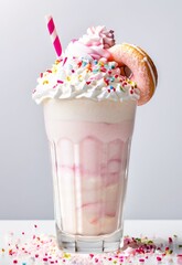 Strawberry milkshake with whipped cream and sweets on top. Pink Milk drink with ice cream and straw.