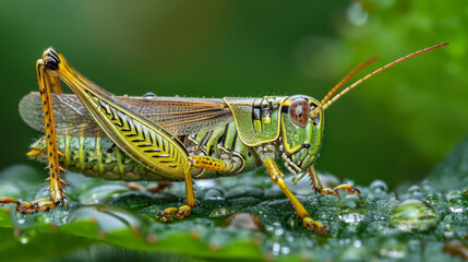 Fototapeta premium Grasshopper sitting on dew cover leaf. Close-up. Detailed. Nature. Insect. 