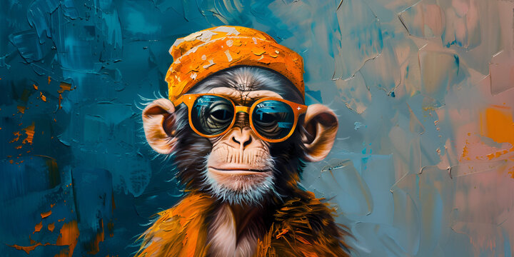close up a monkey in bright cap and sunglass with paint background