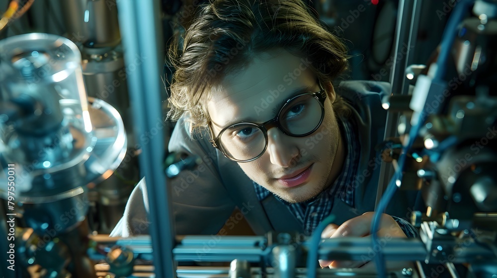 Poster quantum computing scientist closely examining intricate laboratory equipment in controlled environme