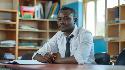 African male teacher sitting at a desk 