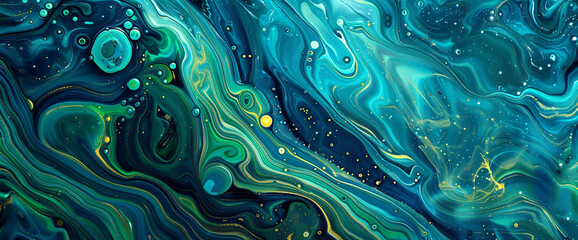A kaleidoscope of azure and emerald intertwine, forming an enchanting dance of liquid hues in...