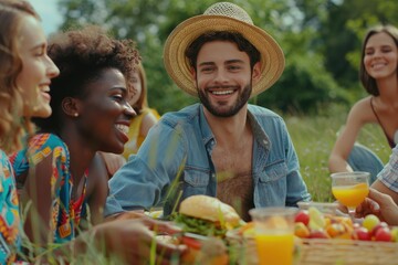 Multinational friends enjoy summer picnic in the park.