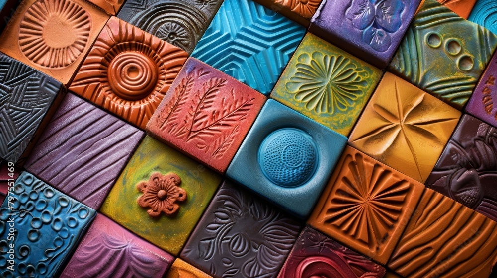 Aufkleber an image showing the use of color in embossing techniques with a brightly colored clay tile featurin