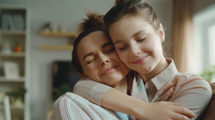 Hija abrazando a su madre en casa - Día de la madre y concepto de amor familiar
