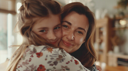 Hija abrazando a su madre en casa - Día de la madre y concepto de amor familiar
