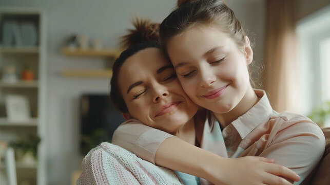 Hija abrazando a su madre en casa - D&iacute;a de la madre y concepto de amor familiar
