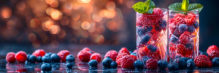 Refreshing Summer Berry Cocktail with Sparkling,
Refreshing summer drinks with ice mint and orange on a blue background with bokeh lights
