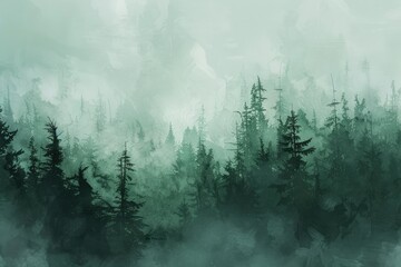 Misty evergreen forest with silhouetted trees under a grey cloudy sky - obrazy, fototapety, plakaty