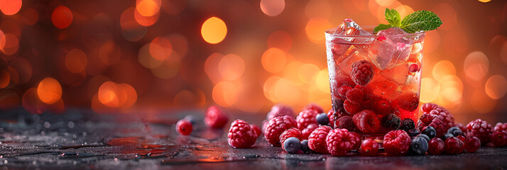 Refreshing Summer Berry Cocktail with Sparkling,
Drink with red viburnum lemon and ice
