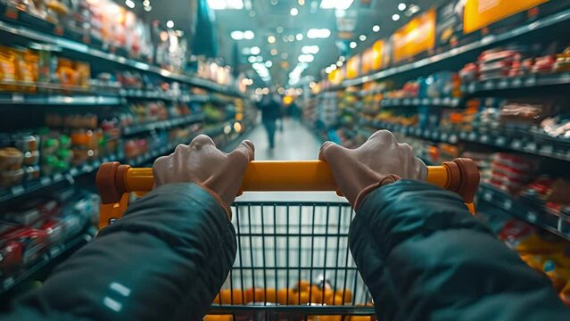 A Person Pushing A Shopping Cart, Grocery Store Aisle, Everyday Life, Focus On Hands And Cart