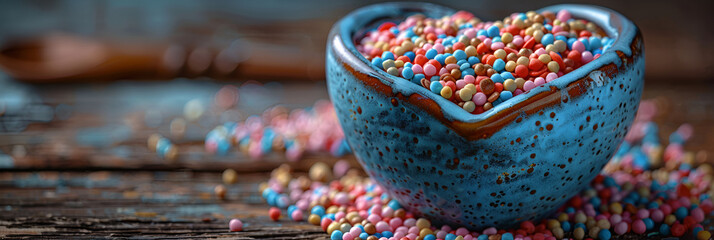 Selective focus photo of sprinkles in heart cera,
Heart surrounded by candy balls rainbow style
